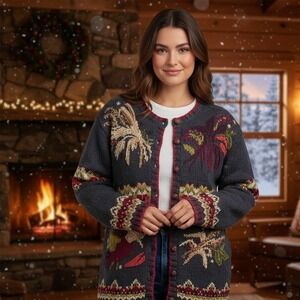 Stitches In Time Cardigan Sweater Women's Size M Leaves Embroidered Knit Holiday